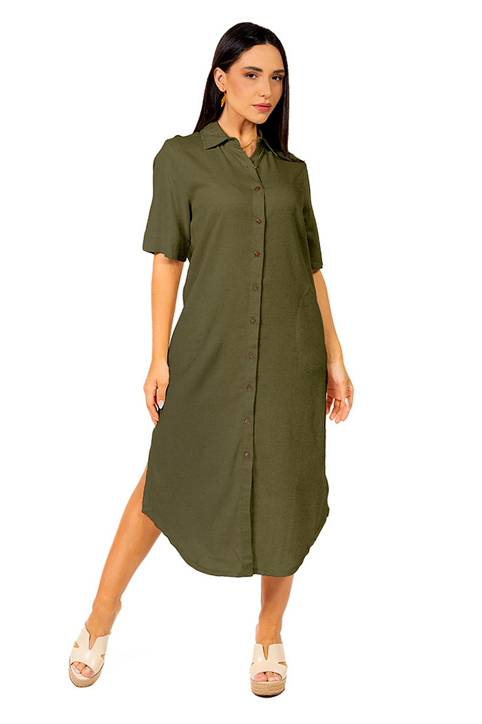 Chemise Vestido Linho Midi  Verde Musgo