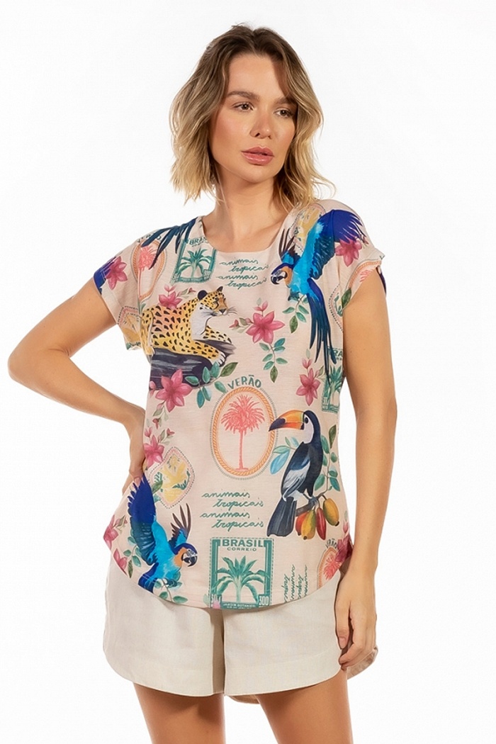 Blusa Jasmim Bichos Flores Verão Postal