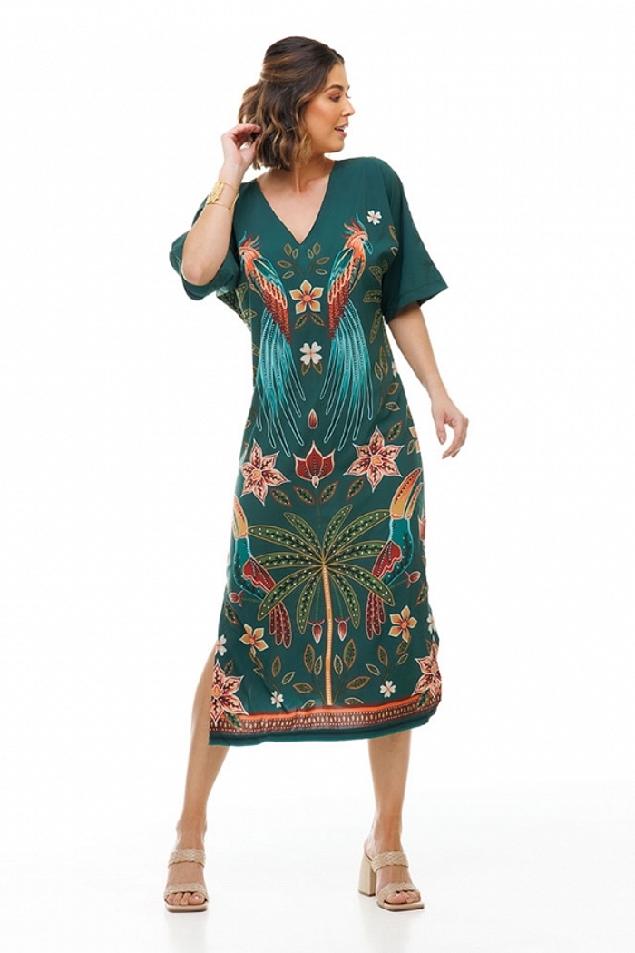 Kaftan Atena Pássaros e Flores Verde