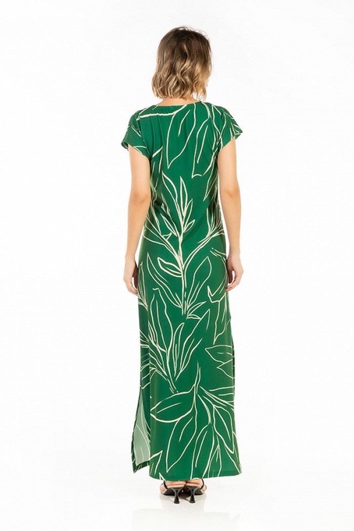 Vestido Longo Jeri Folhagens Off