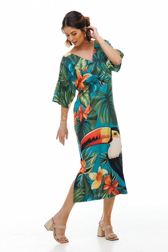 Kaftan Atena Tucano e Flores Turquesa