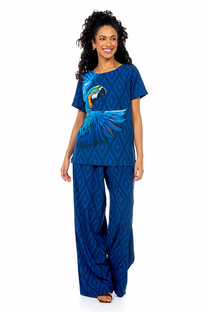 Calça Ampla Atena Maxi Arara Fundo Azul