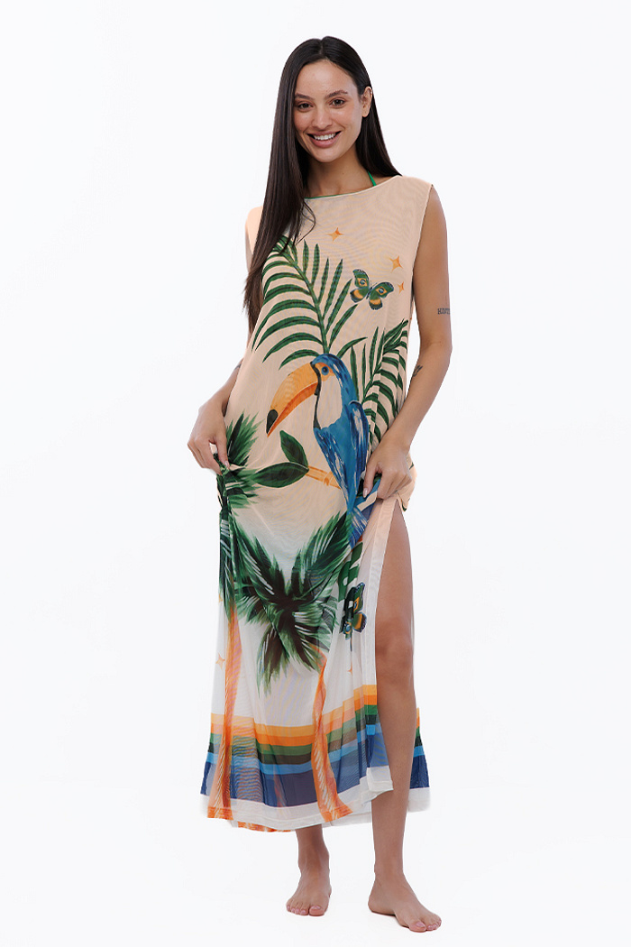 Vestido Feminino Tule Mare Estampado Elementos Br Aquarela