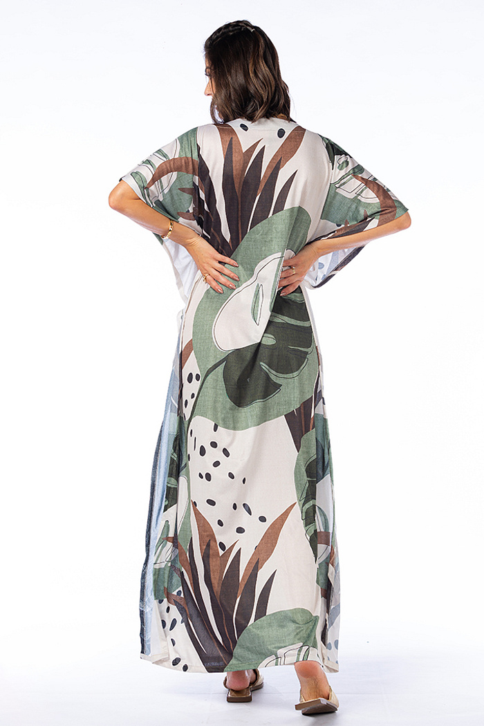 Vestido Feminino Kaftan Hibisco Estampado Tucano Folhagem Pontinho