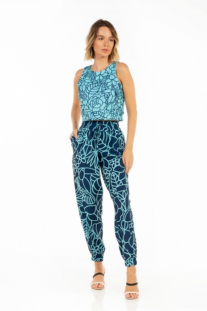 Top Canelado Tucano Flores Linhas Azul