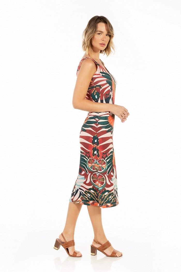 Vestido Canelado Midi Araras Laranjas Fundo Telha