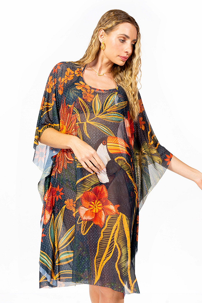 Kaftan Tule Maré Tucano e Folhas