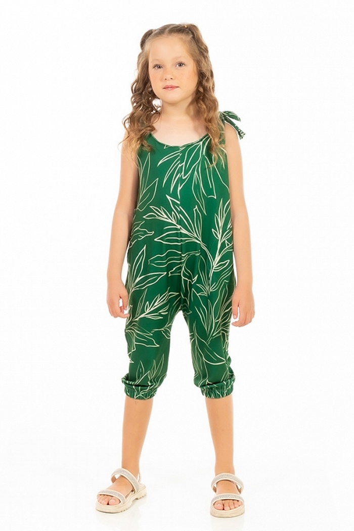 Macacão Infantil Com Bolso Folhagem Off Fundo Verde