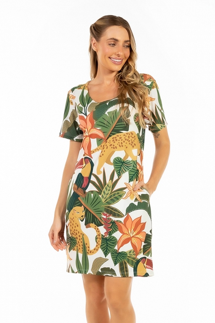 Vestido Floresta Onça Tucano Tropical Off
