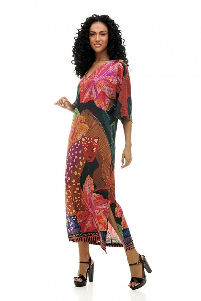 Kaftan Atena Onça Desenhada Preto Folhagens Color
