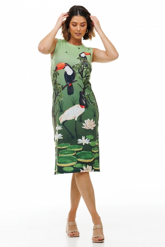 Vestido Estampado Clássico Midi Tucano e Tuiuiu