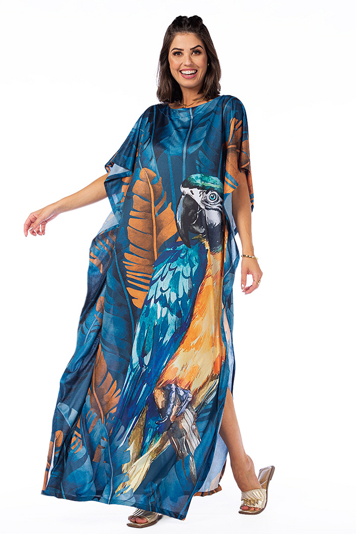 Vestido Feminino Kaftan Hibisco Estampado Arara Canindé Entre as Folhas