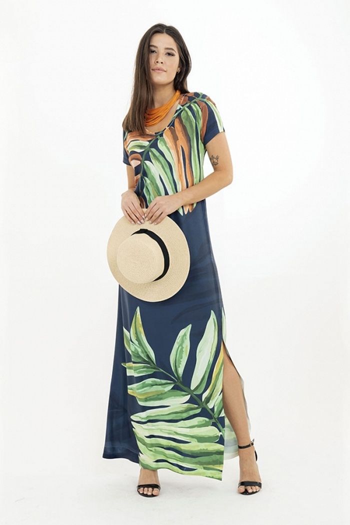 Vestido Longo Jeri Folhas em Aquarela