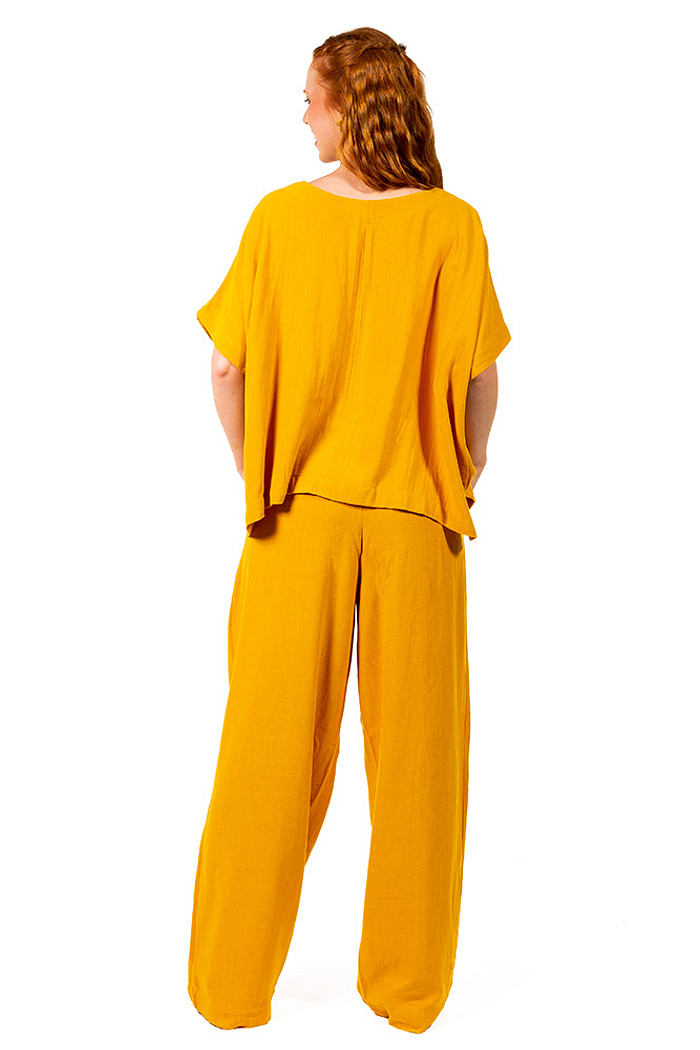 Calça Ampla Linho Mostarda
