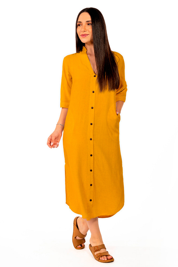 Vestido Chemise Linho Gola Padre Mostarda