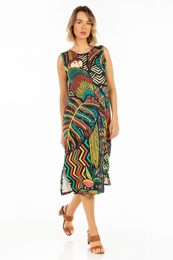 Vestido Estampado Clássico Midi Araras Etnicos