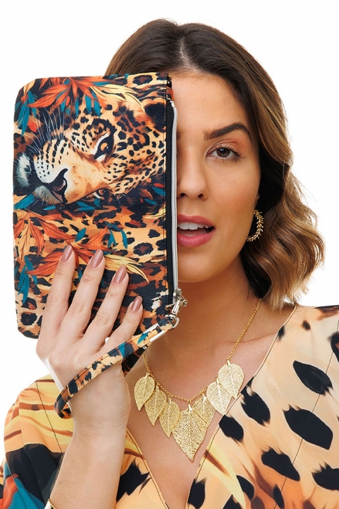 Carteira Eco Rosto Onça Folhagem Sépia