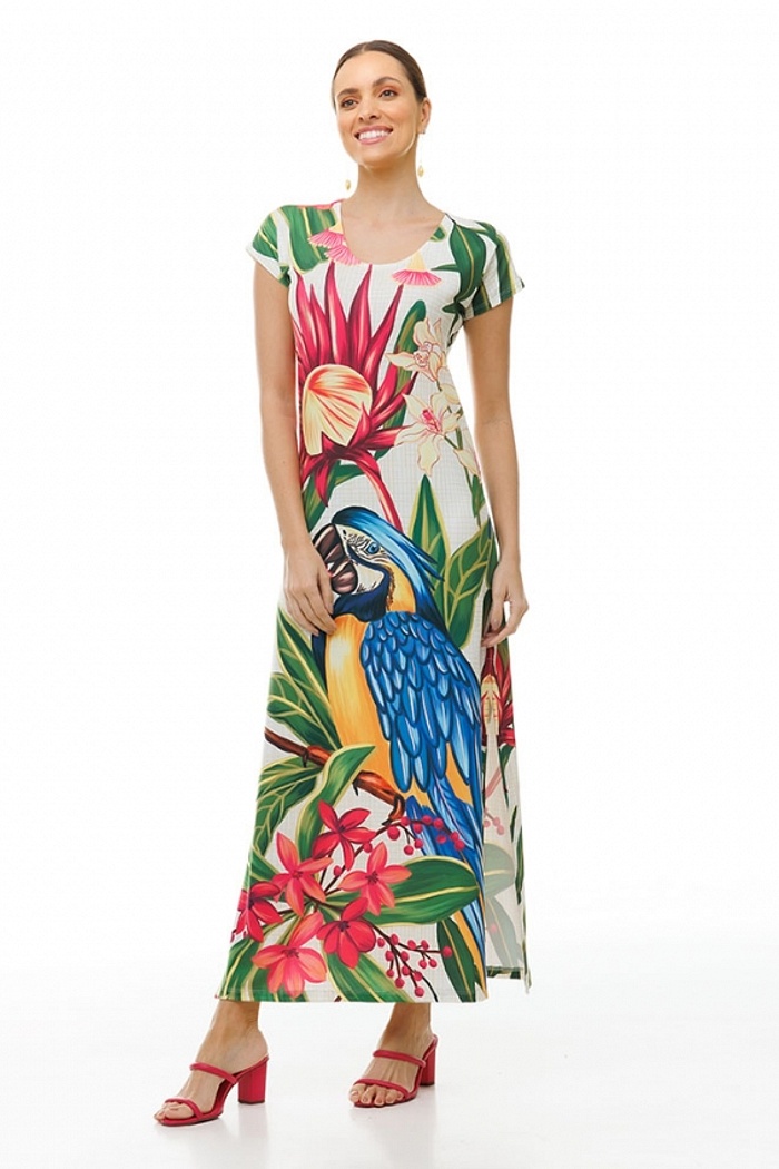 Vestido Longo Jeri Canindé com Flores Pink