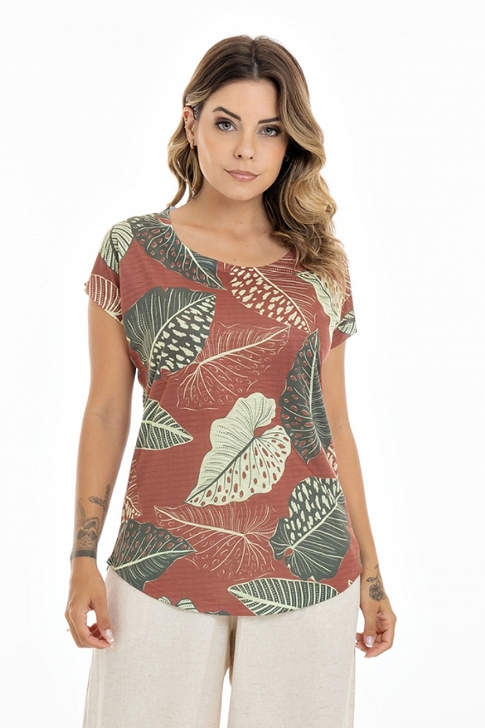 Blusa Jasmim Folhas Textura Tons Terra
