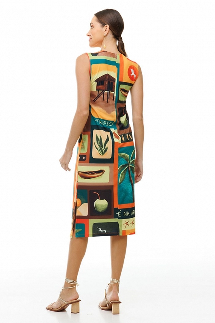 Vestido Estampado Clássico Midi Elementos Praia Terracota