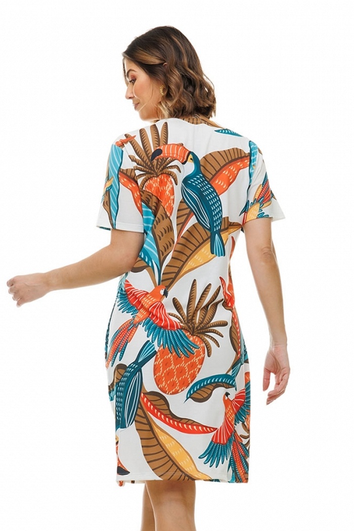 Vestido Floresta Aves e Abacaxi