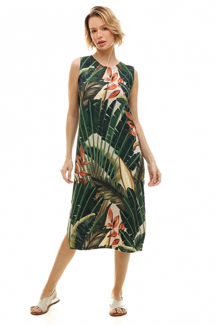 Vestido Estampado Clássico Midi Folhas de Bananeira em Fundo Rosa Claro