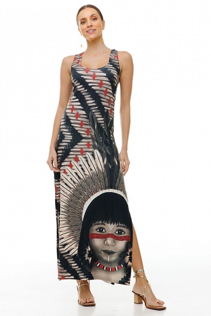 Vestido Hortência Índia Vermelho e Preto