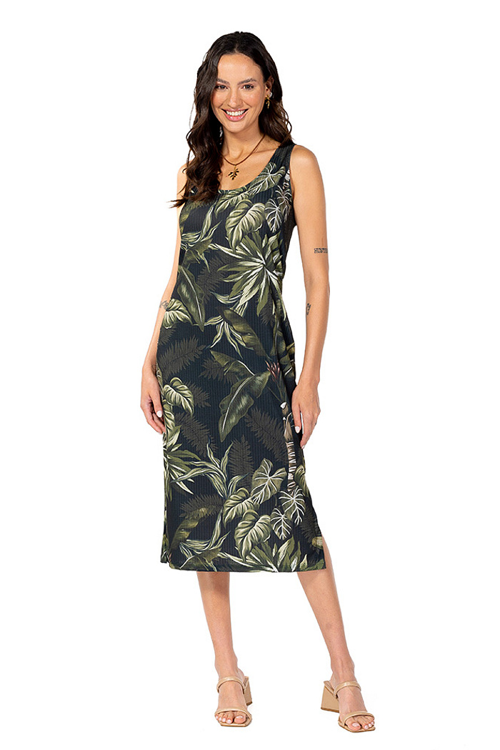 Vestido Estampado Canelado Midi Folhagens Linho Off
