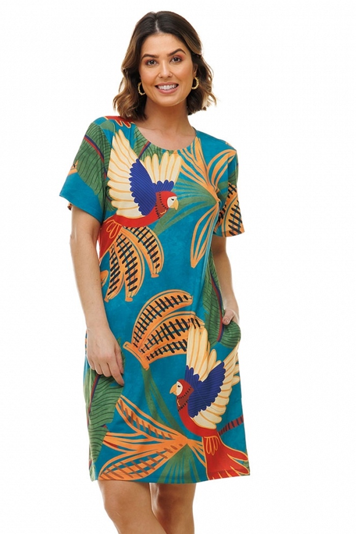 Vestido Floresta Arara e Banana  Petróleo