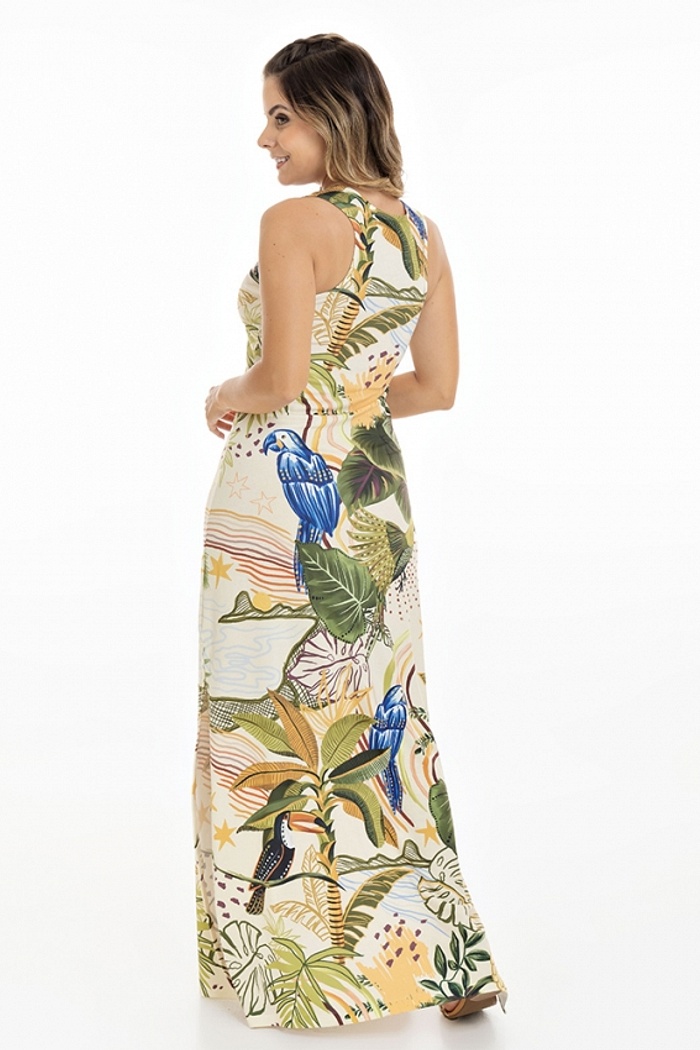 Vestido Hortência Aves Folhagens Claro
