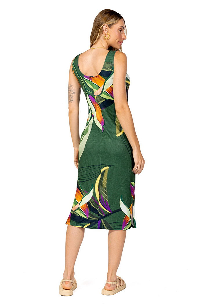Vestido Estampado Canelado Midi Tucano Folhas Verde