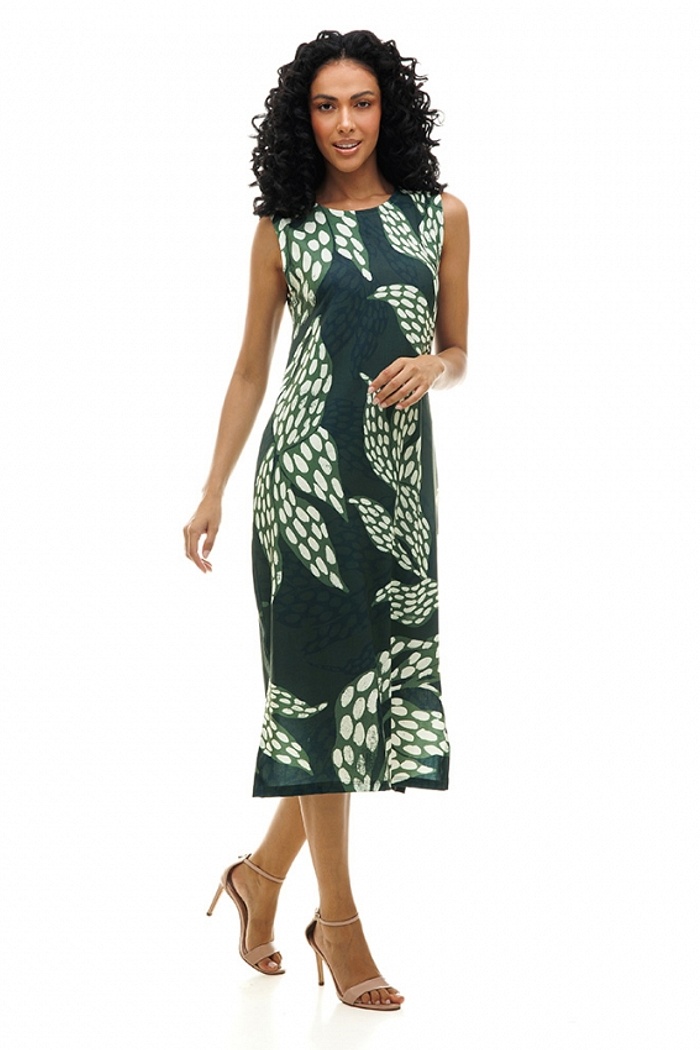 Vestido Estampado Clássico Midi Folhas com Pontos Fundo Verde