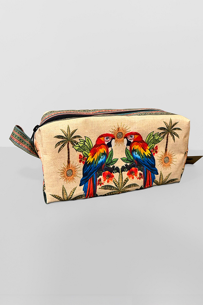 Necessaire Pequena Coqueiros Aves Tropicais Barrado