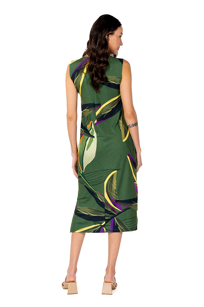 Vestido Estampado Clássico Midi Tucano Folhas Verde
