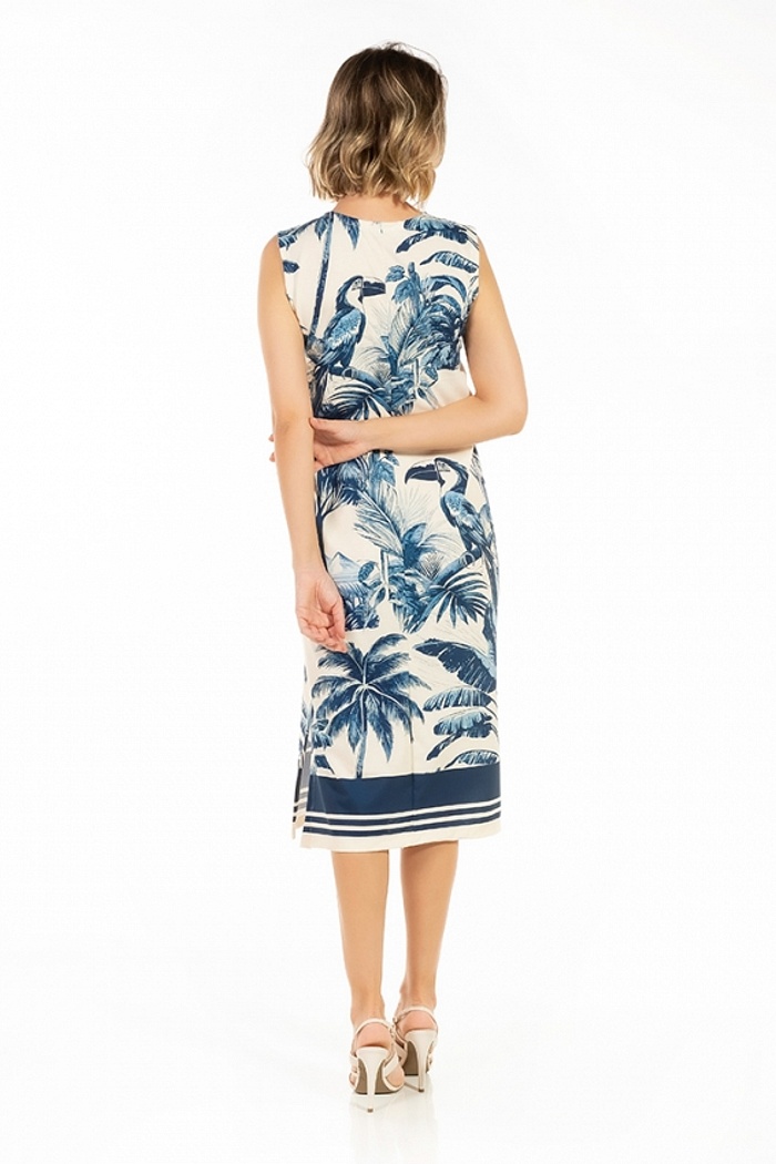 Vestido Estampado Clássico Midi Tucano Paisagem Tons De Azul