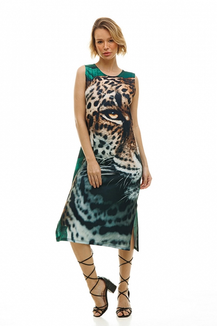 Vestido Estampado Clássico Midi Big Onça Fundo Folhagem