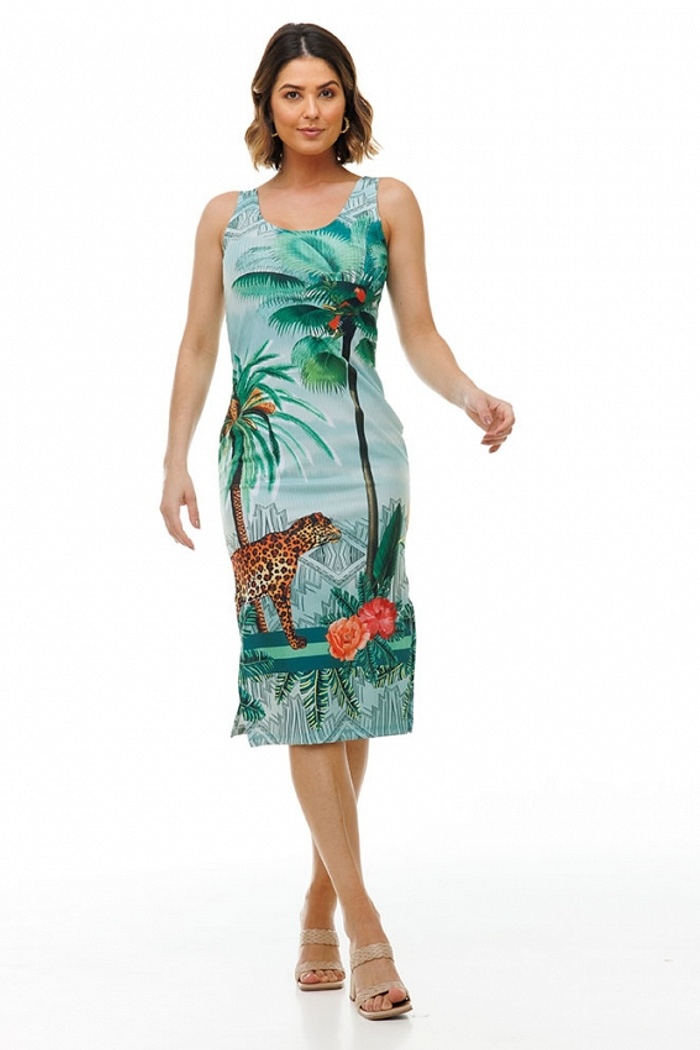Vestido Canelado Midi Onça Barrado