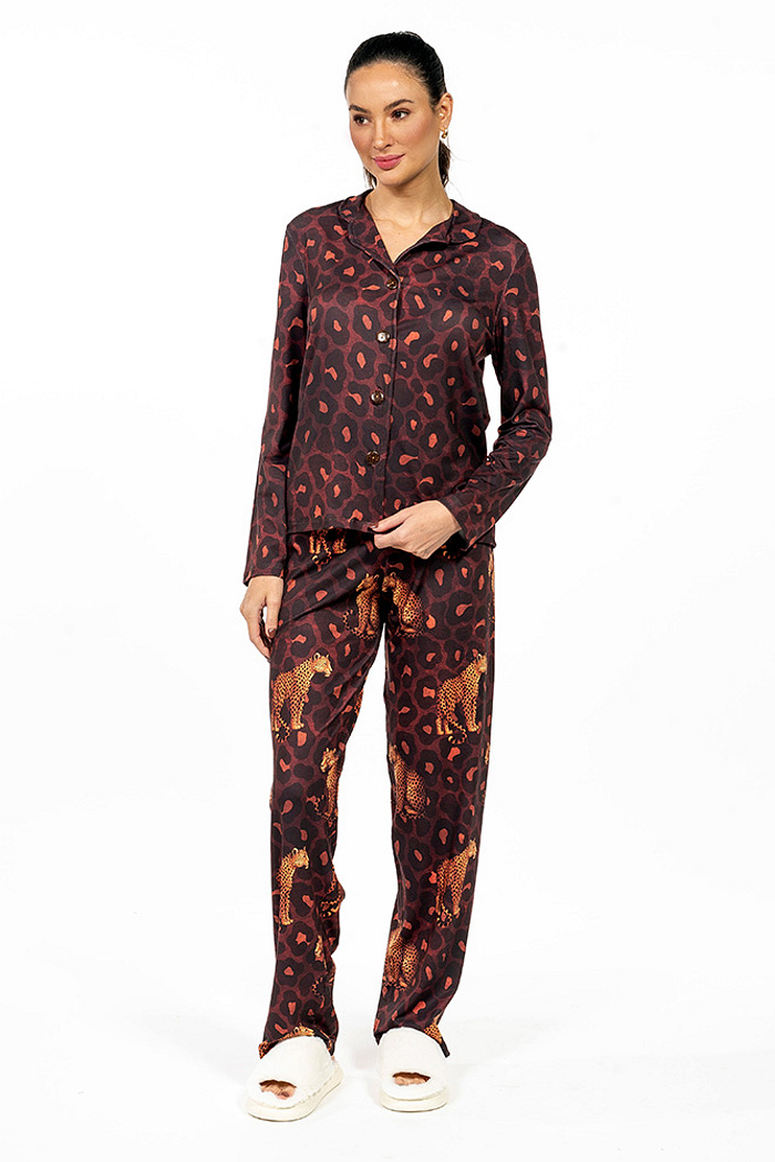 Conjunto Pijama Americano Longo Adulto Onças Animal Print