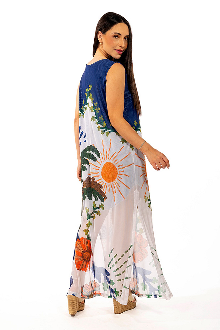 Vestido Estampado Tule Maré Arara Tropical Bordado