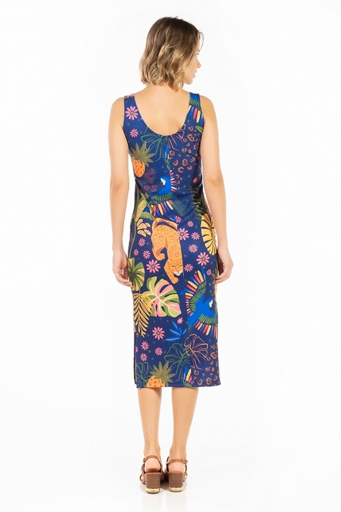 Vestido Canelado Midi Onça e Araras Candy Color