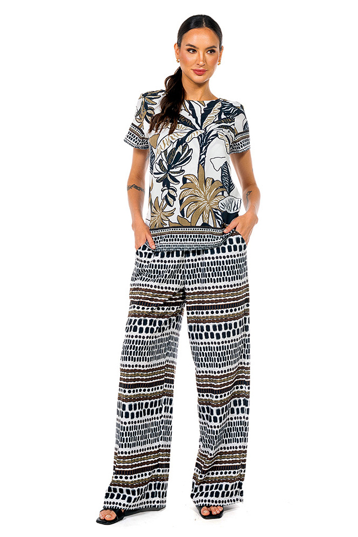 Calça Ampla Atena Folhagens P&B Poa