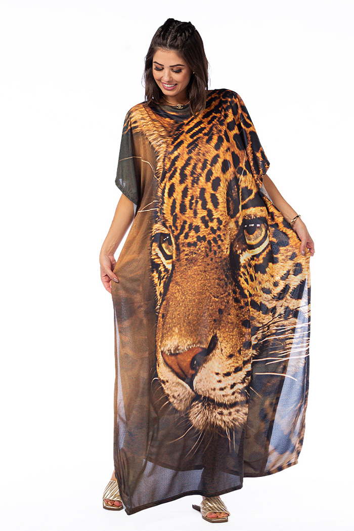 Vestido Feminino Kaftan Hibisco Estampado Onça Olho
