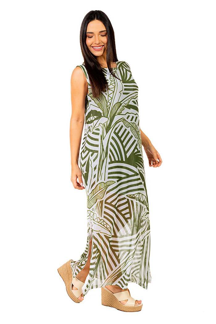 Vestido Estampado Tule Maré Bananeiras Vetor