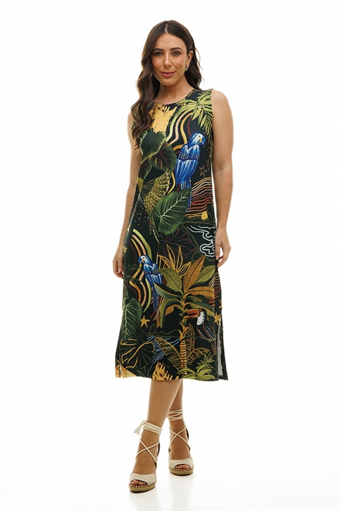 Vestido Estampado Clássico Midi Aves Folhagem Fundo Escuro