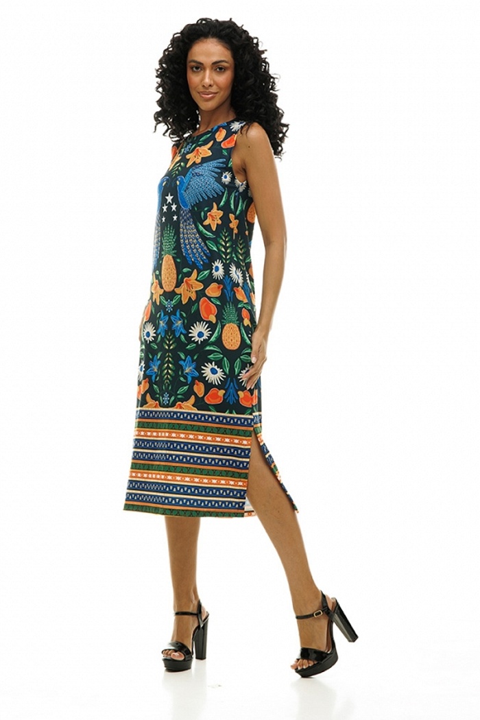 Vestido Estampado Clássico Midi Araras com Barrado