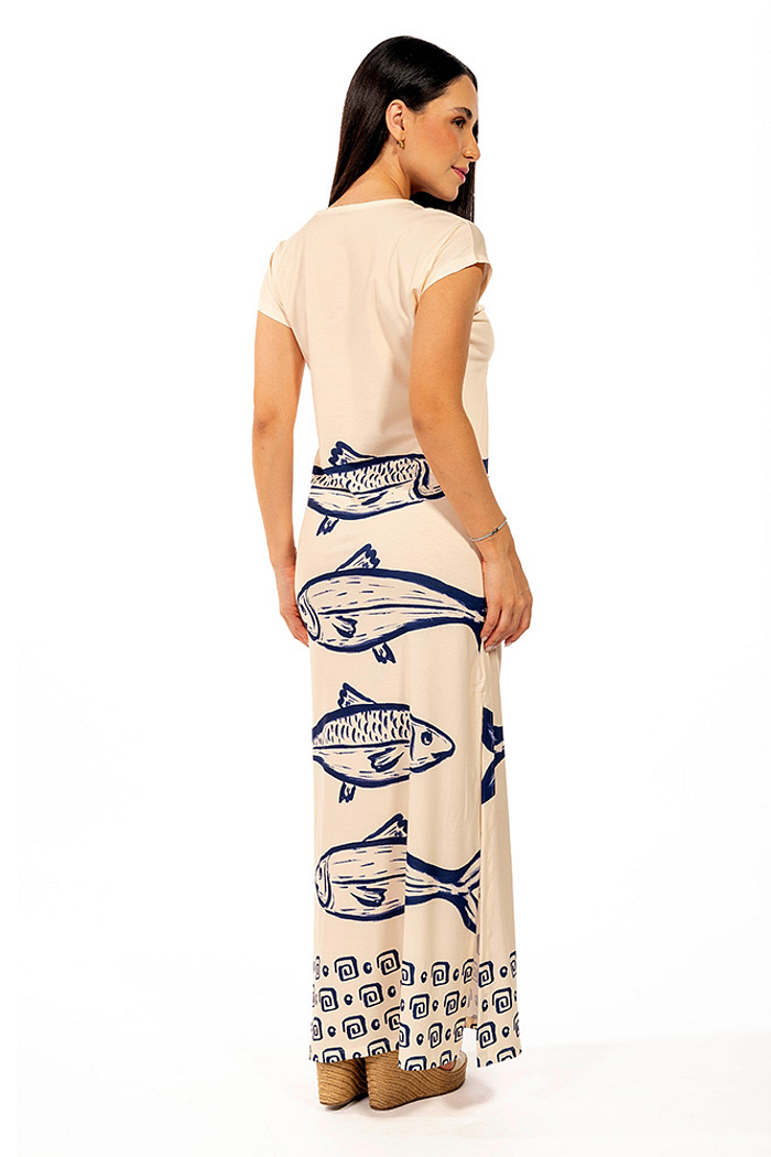 Vestido Longo Jeri Maxi Peixes Fundo Off