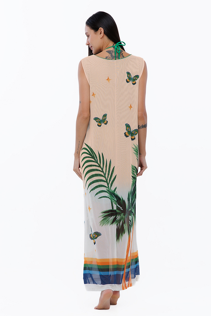 Vestido Feminino Tule Mare Estampado Elementos Br Aquarela