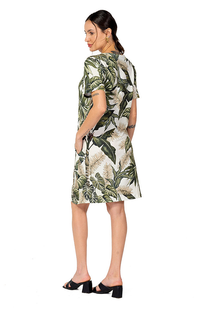 Vestido Floresta Folhagens Linho Off