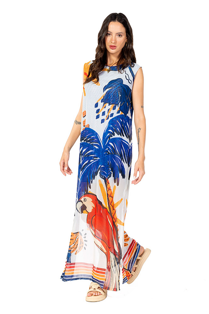 Vestido Estampado Tule Maré Bichos Tropical Vibes Azul