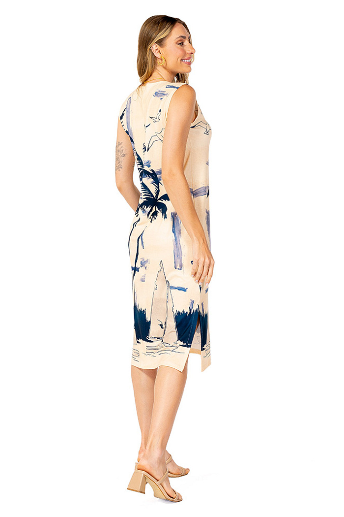 Vestido Estampado Clássico Midi Barcos Gaivotas Off